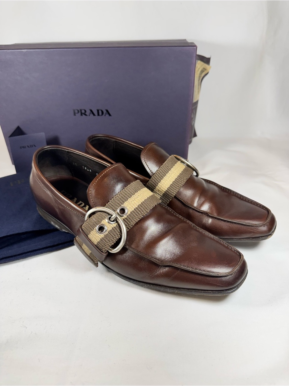 Prada Men’s Dark Brown Leather Monk Strap Buckle Loafers Woven Buckle Size 9